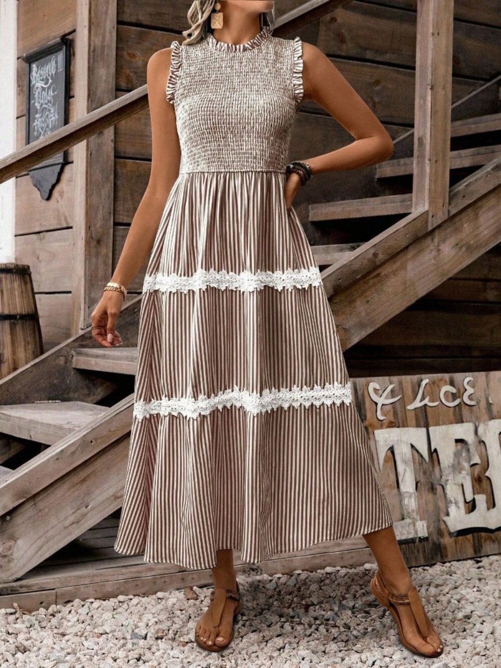 Brown Casual Women's Sleeveless Striped Frill Hem maxiDress